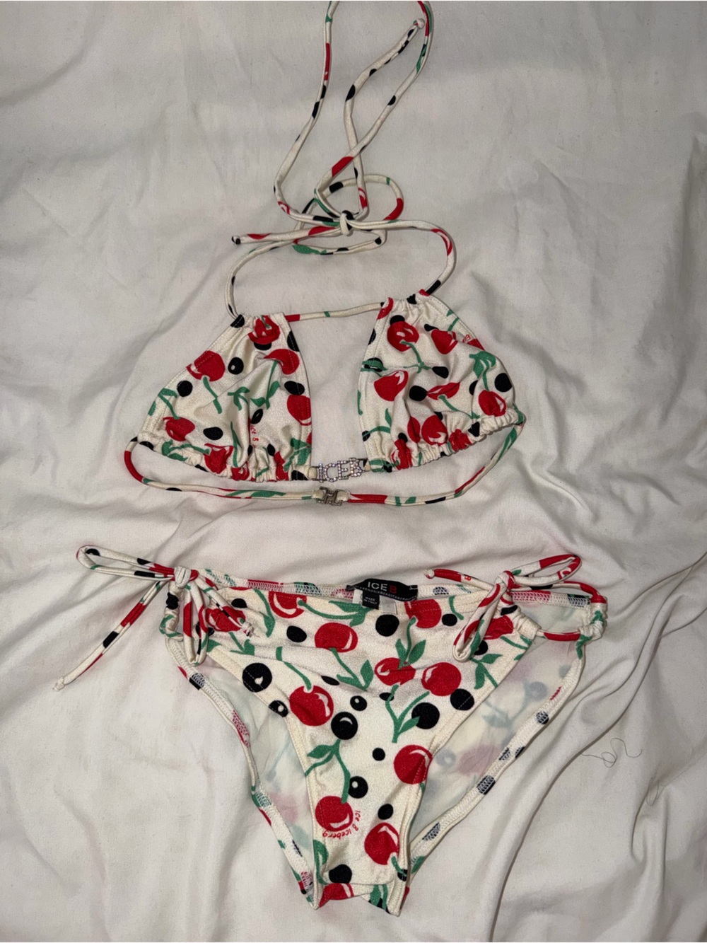 Ice B White Cherry Print Top with Red and Green Accents